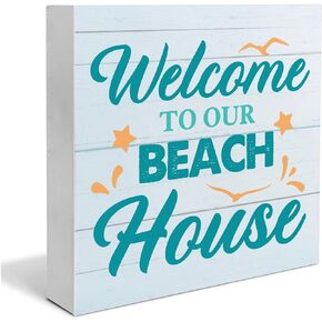 Beach Wooden Box Sign Beach House Decor the Beach Is My Happy Place Square Wood Sign Desk Decoration Coastal Wood Block Box Sign for Shelf Home 5 x 5 Inches