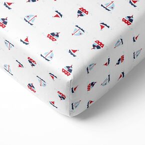 Bacati - Little Sailor Silky Soft Breathable 100% Cotton Muslin Baby Crib Fitted Sheets - Fits Standard 28 x 52 x 5 Crib & Toddler Mattresses (Boats - Navy/Red)