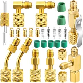 24 Pcs R410a Adapter Kit Mini Split Adapter R410a Refrigerant Hose Adapter Connector Valves Core Tee Adapter with Valve Core Remover Thimble Gasket for R410a Mini Split Air Conditioner
