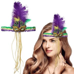 Mardi Gras Feather Headband Mardi Gras Headband for Women Mardi Gras Masquerade Headdresses for Women (Beads)