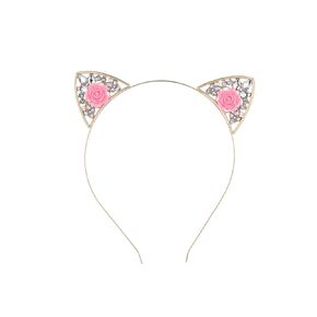 Alloy Rose Flower Cat Ears Headband Rhinestone Crystal Hair Hoop for Women Girls Party Cosplay Costume Halloween (Pink)