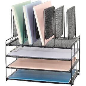 AUPSEN 3 Tier Desk Organizer, Office Supplies Desk Accessories with 5 Section Vertical File Holder, Paper Tray Workspace Organizers for Home Office (Gold)
