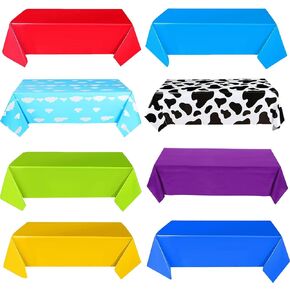 8 Pcs Kids Story Birthday Tablecloth 54 x 108 Inch Blue Sky White Clouds Print Tablecloth Cow Story Table Cover Toy Inspired for Kids Baby Shower Party Plastic Table Cloth Set (8)