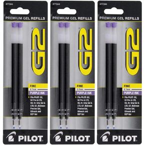Pilot G2, Dr. Grip Gel/Ltd, ExecuGel G6, Q7 Rollerball Gel Ink Pen Refills, 0.7mm, Fine Point, Purple Ink, Pack of 6