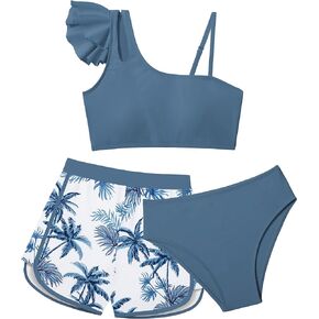 Girls Swimsuit Bikini Set 3 Piece Ruffled Bathing Suit for Girls, Tropical Girls' Swimwear with Shorts Size 7-16
