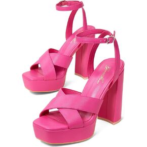 GENSHUO Women's Platform Chunky Heel Sandals 4.7 Inches Open Square Toe Heels with Ankle Strap Dress Wedding Party Shoes