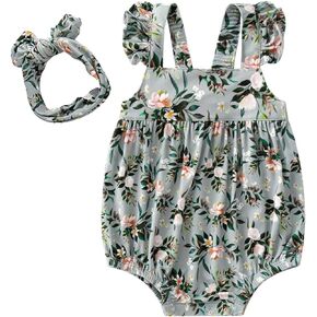 SUZEL Baby Girl Romper Headband Set Infant Toddler Girls One Piece Jumpsuits Bamboo Viscose Clothes