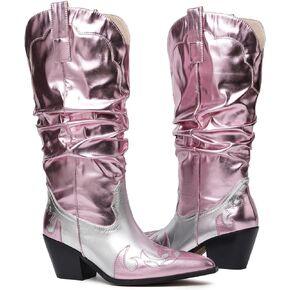 Women's Mid Calf Slouchy Boots Metallic Cowboy Cowgirl Western Pull On Chunky Heel Boots for Women Wrinkled Stacked Embroidered