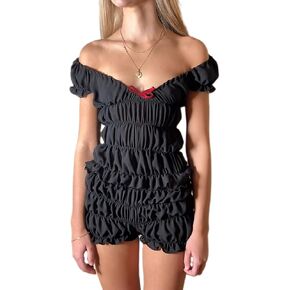 Women Cute 2 Piece Matching Set Ruffle Off Shoulder Smocked Top and Bloomers Shorts Coquette Pajamas Set Loungewear