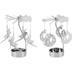 FINGERINSPIRE 2 Styles Rotary Candle Holder Moon Cat & Fairy Carousel Candle Spinner Rotating Metal Tea Light Candle Holder Small Gift Windmill Candlestick for Wedding Birthday Party Home Table Decor