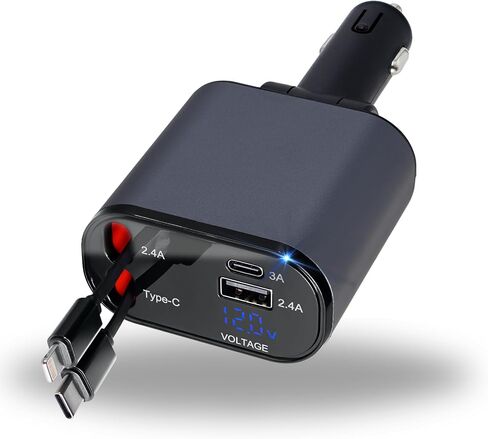 Retractable Car Charger | 4 in 1 Fast Car Phone Charger 120W | Retractable Cables and USB Car Charger | Compatible with iPhone 15/14/13/12/11, Galaxy, Pixel | Car Accessories | iPhone Car Charger in Saudi Arabia
