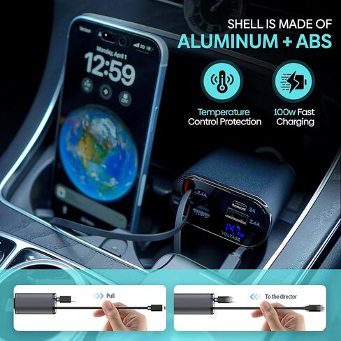 Retractable Car Charger | 4 in 1 Fast Car Phone Charger 120W | Retractable Cables and USB Car Charger | Compatible with iPhone 15/14/13/12/11, Galaxy, Pixel | Car Accessories | iPhone Car Charger in Saudi Arabia