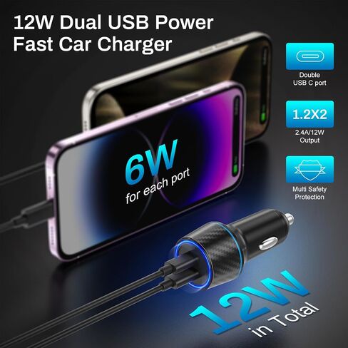شاحن سيارة لهاتف iPhone 3Pack ثنائي المنفذ USB C ولاعة السجائر محول 2.4A Boxeroo USBA شاحن قابس السيارة لهاتف iPhone 15 14 13 12 11 Pro Max 10 SE XR XS X 8 7 6، Samsung Galaxy S22 S21 S20 in Kuwait