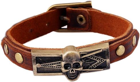 JSEA Vintage Metal Embossed Masonic Freemasonry Skull Brown Leather Bracelet Bangle in Saudi Arabia