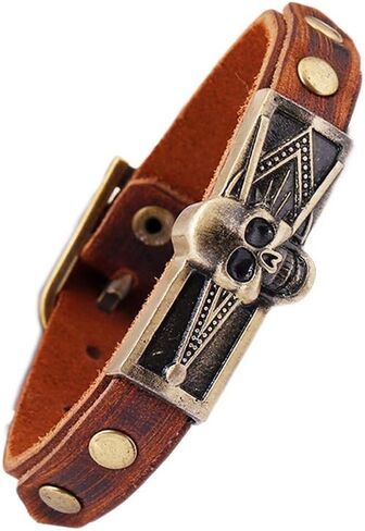 JSEA Vintage Metal Embossed Masonic Freemasonry Skull Brown Leather Bracelet Bangle in Saudi Arabia