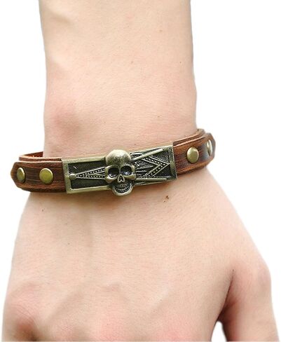 JSEA Vintage Metal Embossed Masonic Freemasonry Skull Brown Leather Bracelet Bangle in Saudi Arabia