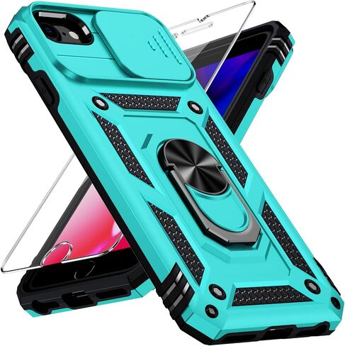 for iPhone SE (3rd and 2nd gen 2022/2020), iPhone 8/7/6 Case with Slide Camera Cover, HD Screen Protector, Magnetic Ring Holder Kickstand Phone Case,Pine Green in Kuwait