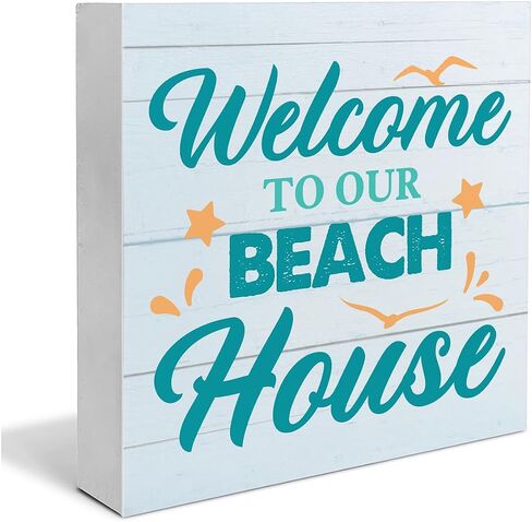 Beach Wooden Box Sign Beach House Decor the Beach Is My Happy Place Square Wood Sign Desk Decoration Coastal Wood Block Box Sign for Shelf Home 5 x 5 Inches in Kuwait