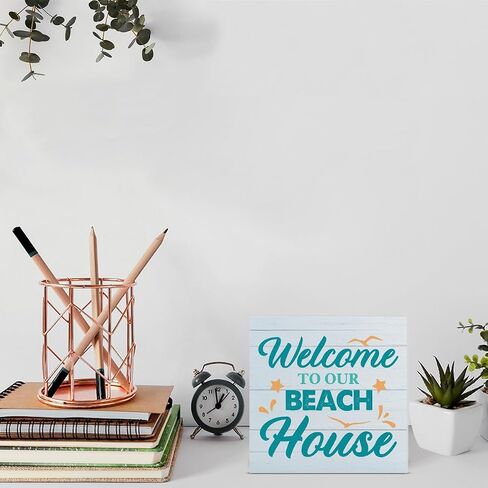 Beach Wooden Box Sign Beach House Decor the Beach Is My Happy Place Square Wood Sign Desk Decoration Coastal Wood Block Box Sign for Shelf Home 5 x 5 Inches in Kuwait