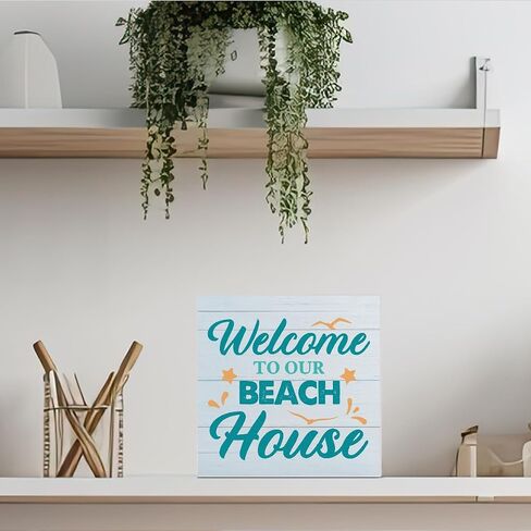 Beach Wooden Box Sign Beach House Decor the Beach Is My Happy Place Square Wood Sign Desk Decoration Coastal Wood Block Box Sign for Shelf Home 5 x 5 Inches in Kuwait