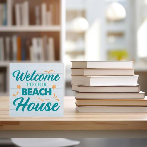 Beach Wooden Box Sign Beach House Decor the Beach Is My Happy Place Square Wood Sign Desk Decoration Coastal Wood Block Box Sign for Shelf Home 5 x 5 Inches in Kuwait