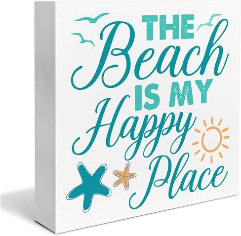 Beach Wooden Box Sign Beach House Decor the Beach Is My Happy Place Square Wood Sign Desk Decoration Coastal Wood Block Box Sign for Shelf Home 5 x 5 Inches in Kuwait