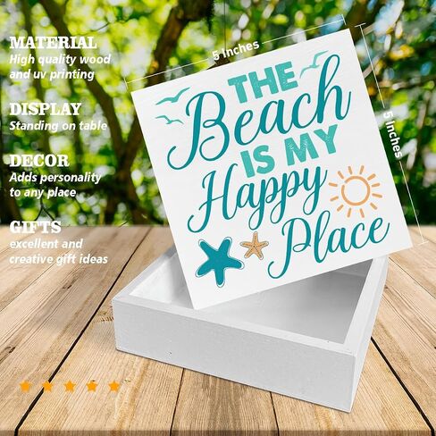 Beach Wooden Box Sign Beach House Decor the Beach Is My Happy Place Square Wood Sign Desk Decoration Coastal Wood Block Box Sign for Shelf Home 5 x 5 Inches in Kuwait