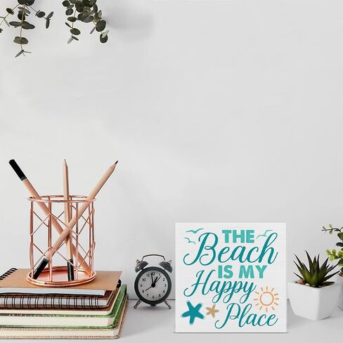 Beach Wooden Box Sign Beach House Decor the Beach Is My Happy Place Square Wood Sign Desk Decoration Coastal Wood Block Box Sign for Shelf Home 5 x 5 Inches in Kuwait
