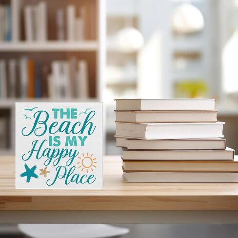 Beach Wooden Box Sign Beach House Decor the Beach Is My Happy Place Square Wood Sign Desk Decoration Coastal Wood Block Box Sign for Shelf Home 5 x 5 Inches in Kuwait