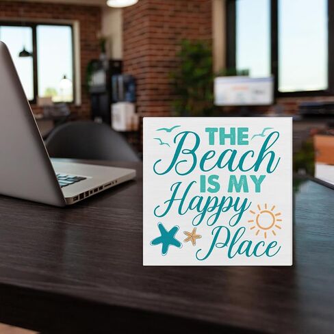 Beach Wooden Box Sign Beach House Decor the Beach Is My Happy Place Square Wood Sign Desk Decoration Coastal Wood Block Box Sign for Shelf Home 5 x 5 Inches in Kuwait