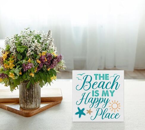 Beach Wooden Box Sign Beach House Decor the Beach Is My Happy Place Square Wood Sign Desk Decoration Coastal Wood Block Box Sign for Shelf Home 5 x 5 Inches in Kuwait