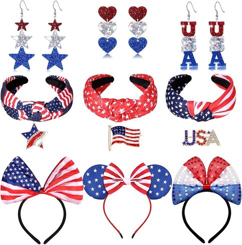 American Flag Headbands 4th of July Knotted Headband USA Star Heart Earrings Patriotic Flower Bow Hair Hoop Headpiece Fourth of July Brooches Bracelets Jewelry Gift in Saudi Arabia