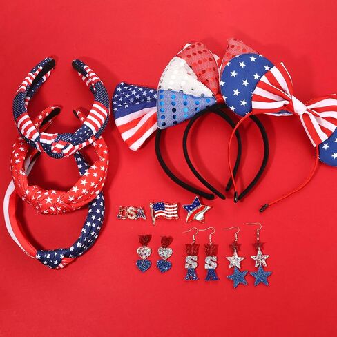 American Flag Headbands 4th of July Knotted Headband USA Star Heart Earrings Patriotic Flower Bow Hair Hoop Headpiece Fourth of July Brooches Bracelets Jewelry Gift in Saudi Arabia