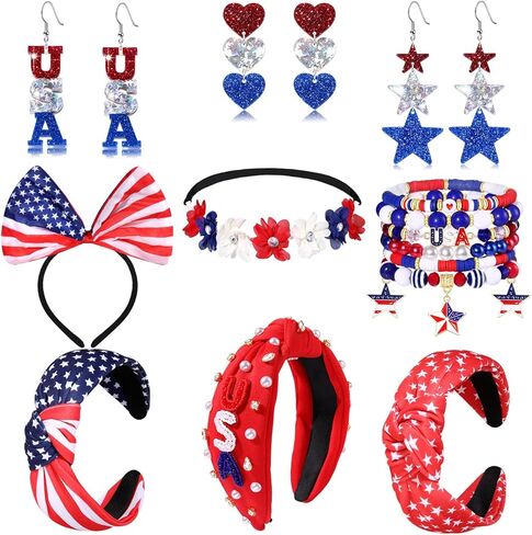 American Flag Headbands 4th of July Knotted Headband USA Star Heart Earrings Patriotic Flower Bow Hair Hoop Headpiece Fourth of July Brooches Bracelets Jewelry Gift in Saudi Arabia