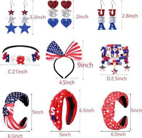 American Flag Headbands 4th of July Knotted Headband USA Star Heart Earrings Patriotic Flower Bow Hair Hoop Headpiece Fourth of July Brooches Bracelets Jewelry Gift in Saudi Arabia
