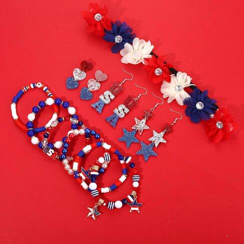 American Flag Headbands 4th of July Knotted Headband USA Star Heart Earrings Patriotic Flower Bow Hair Hoop Headpiece Fourth of July Brooches Bracelets Jewelry Gift in Saudi Arabia