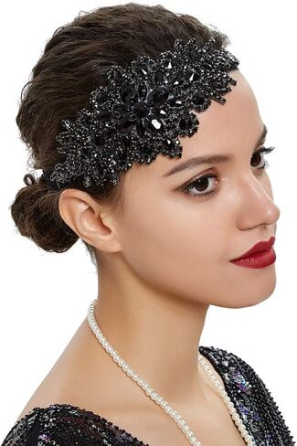 إكسسوارات 1920s عصابة رأس فلابر آرت ديكو رورينج 20 قطعة للرأس للنساء زي غاتسبي مشبك شعر أسود in Kuwait