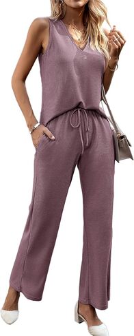 Kate Kasin Womens 2 Piece Outfits Lounge Sets Ribbed Knit Sleeveless Summer Pajamas Sets with Pockets Purple in Saudi Arabia