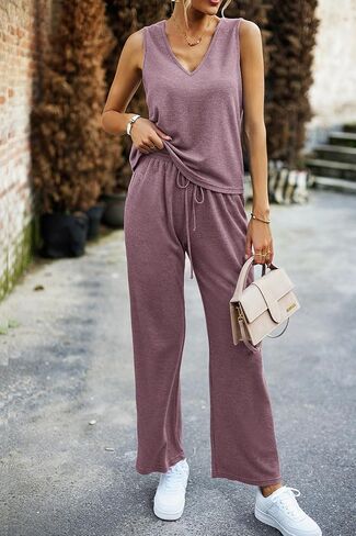 Kate Kasin Womens 2 Piece Outfits Lounge Sets Ribbed Knit Sleeveless Summer Pajamas Sets with Pockets Purple in Saudi Arabia