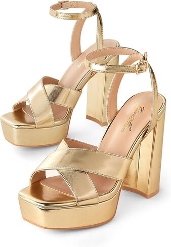 GENSHUO Women's Platform Chunky Heel Sandals 4.7 Inches Open Square Toe Heels with Ankle Strap Dress Wedding Party Shoes in Saudi Arabia
