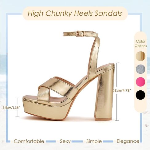 GENSHUO Women's Platform Chunky Heel Sandals 4.7 Inches Open Square Toe Heels with Ankle Strap Dress Wedding Party Shoes in Saudi Arabia