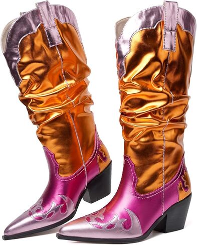Women's Mid Calf Slouchy Boots Metallic Cowboy Cowgirl Western Pull On Chunky Heel Boots for Women Wrinkled Stacked Embroidered in Saudi Arabia