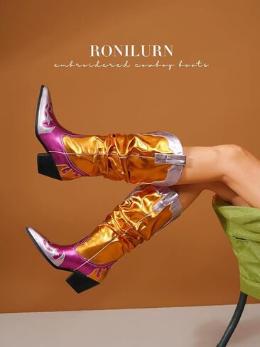 Women's Mid Calf Slouchy Boots Metallic Cowboy Cowgirl Western Pull On Chunky Heel Boots for Women Wrinkled Stacked Embroidered in Saudi Arabia