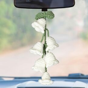 Whaline Car Mirror Hanging Accessories Cute Bellflower Crochet Car Rear View Mirror Hanging Ornament Decor Handmade Dangle Pendant for Summer Backpacks Key Chains Car Accessories Decoration