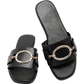 Women's Flat Sandals Fashion Square Open Toe Slides With Metal Chain Slippers Dressy for Summer Size 7-12