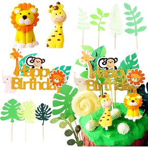 LaVenty 28 PCS Jungle Animals Birthday Cake Topper Jungle Safari Cupcake Topper Jungle Theme Birthday Cake Sign Zoo Party Cake Decor Baby Animal Topper