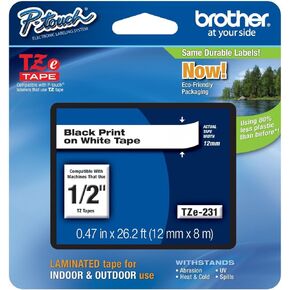 Genuine Brother 1/2" (12mm) Black on White TZe P-Touch Tape for Brother PT-1190, PT1190 Label Maker with Free TZe Tape Guide Included