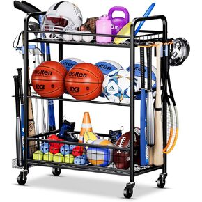 Garage Sports Equipment Organizer - Rolling Ball Storage Rack with Wheels, Sports Gear Organizer for Garage Indoor Outdoor Toy Storage Rack, Basketball Racks Ball Cart with Basket and Hooks