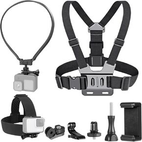 Varku 3-in-1 Action Camera Selfie Mount Kit,POV Selfie Chest & Head Strap Mount & Neck Hanging Bracket, Hands Free Video Vlog Camera & Phone Support Holders Set Hero/Insta360/Xiaomi Tripod