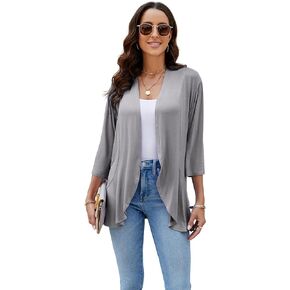 CASURESS Women's Casual Lightweight Open Front Cardigans Soft Draped Ruffles 3/4 Sleeve Cardigan